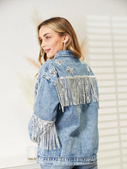 Fringe Detail Long Sleeve Denim Jacket - Wellen Fashion