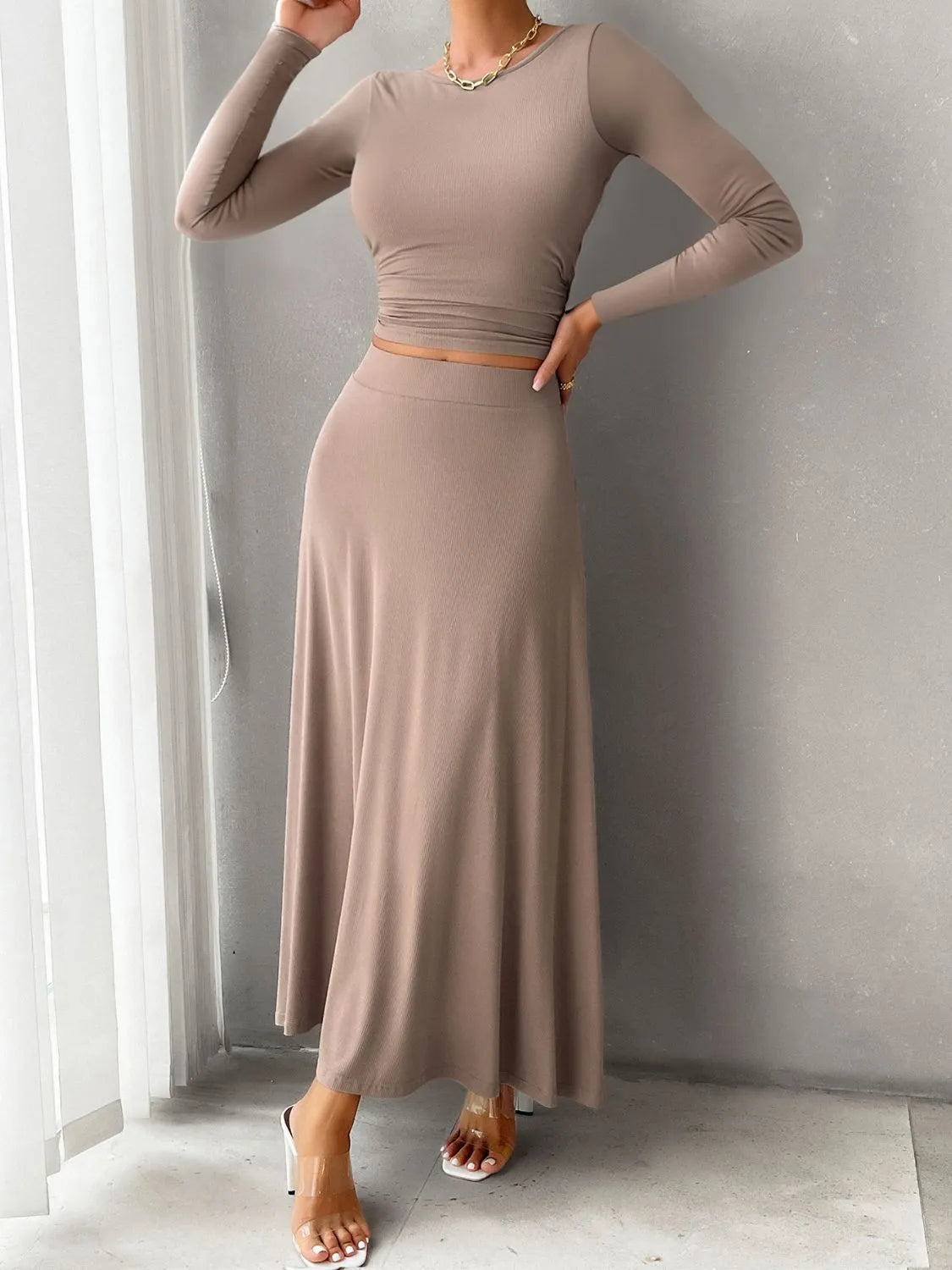 Devine Round Neck Long Sleeve Top and Skirt Set - Wellen Fashion