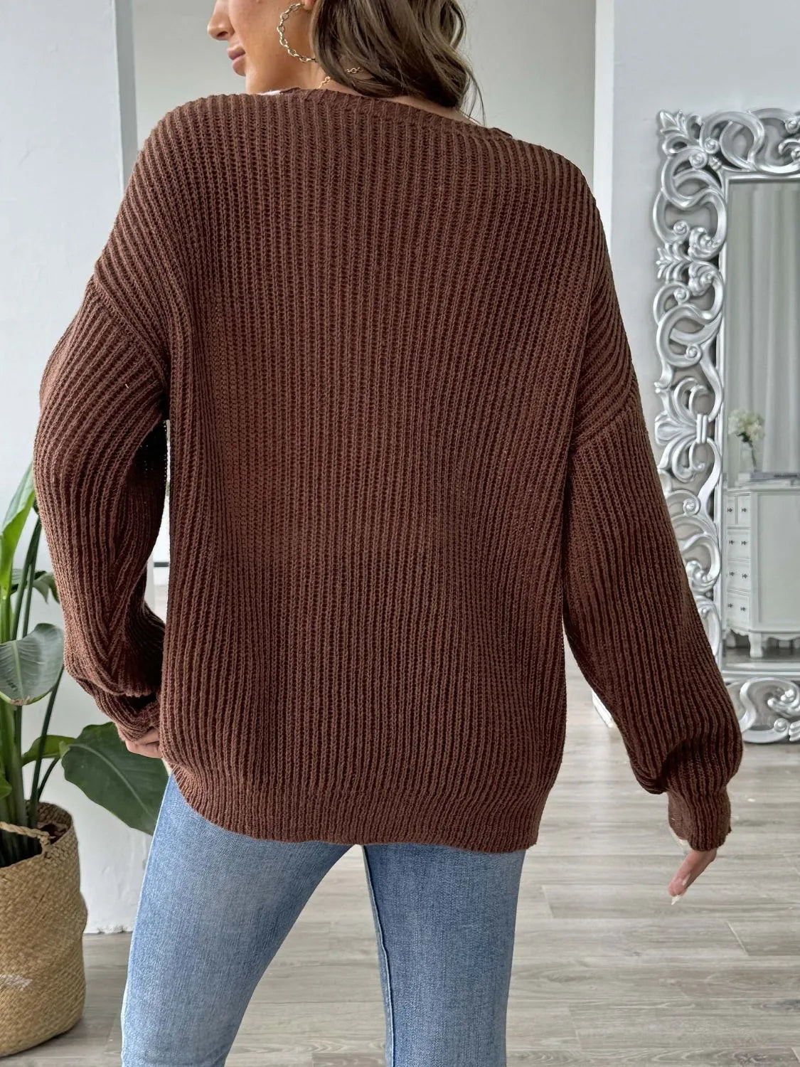 Contrast Trim Dropped Shoulder Long Sleeve Sweater - Wellen Fashion