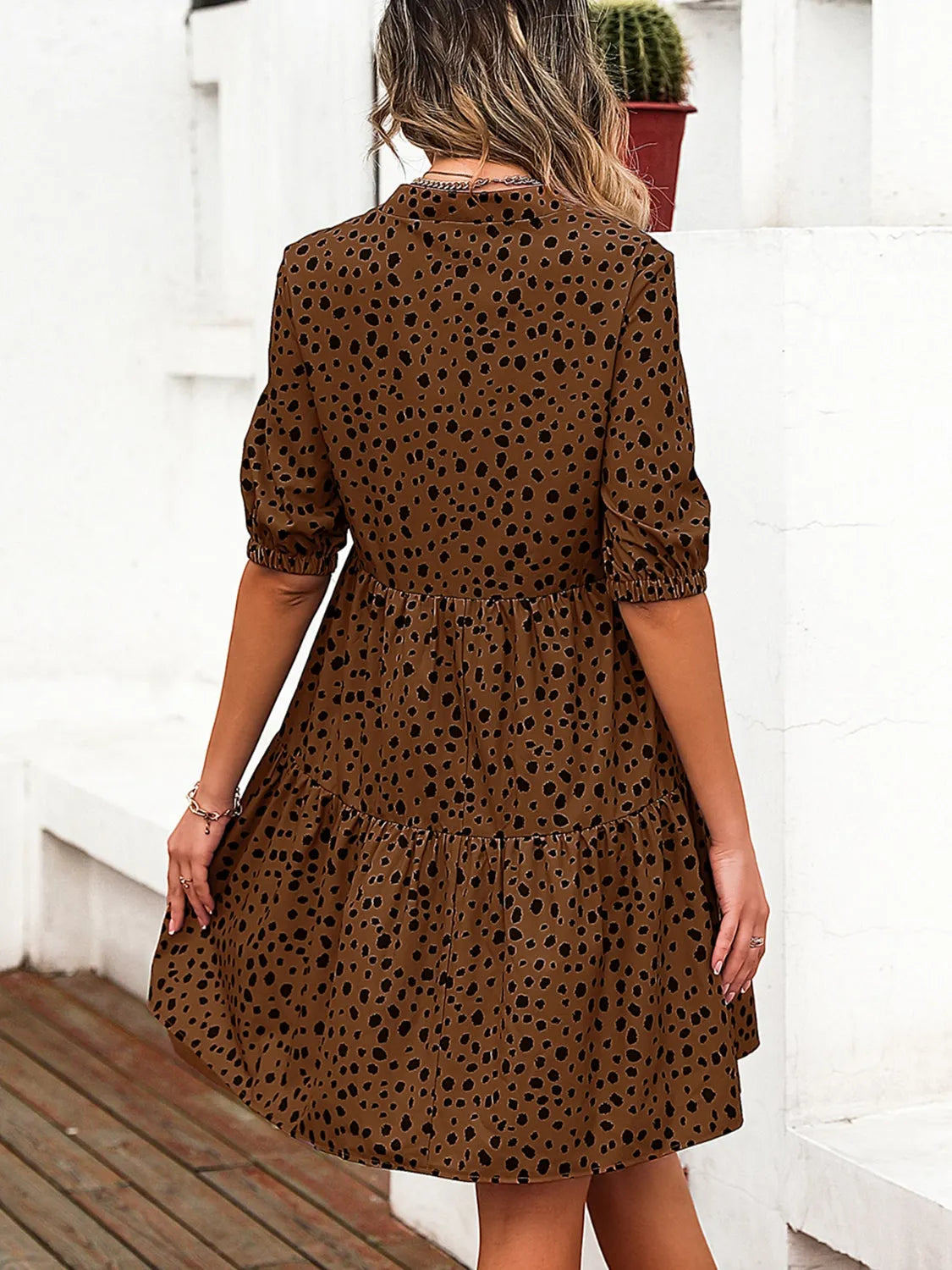 Printed Notched Half Sleeve Dress - Wellen Fashion