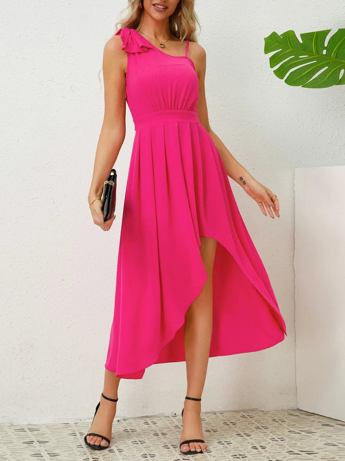 Bow Asymmetrical Neck Sleeveless Dress - Wellen Fashion