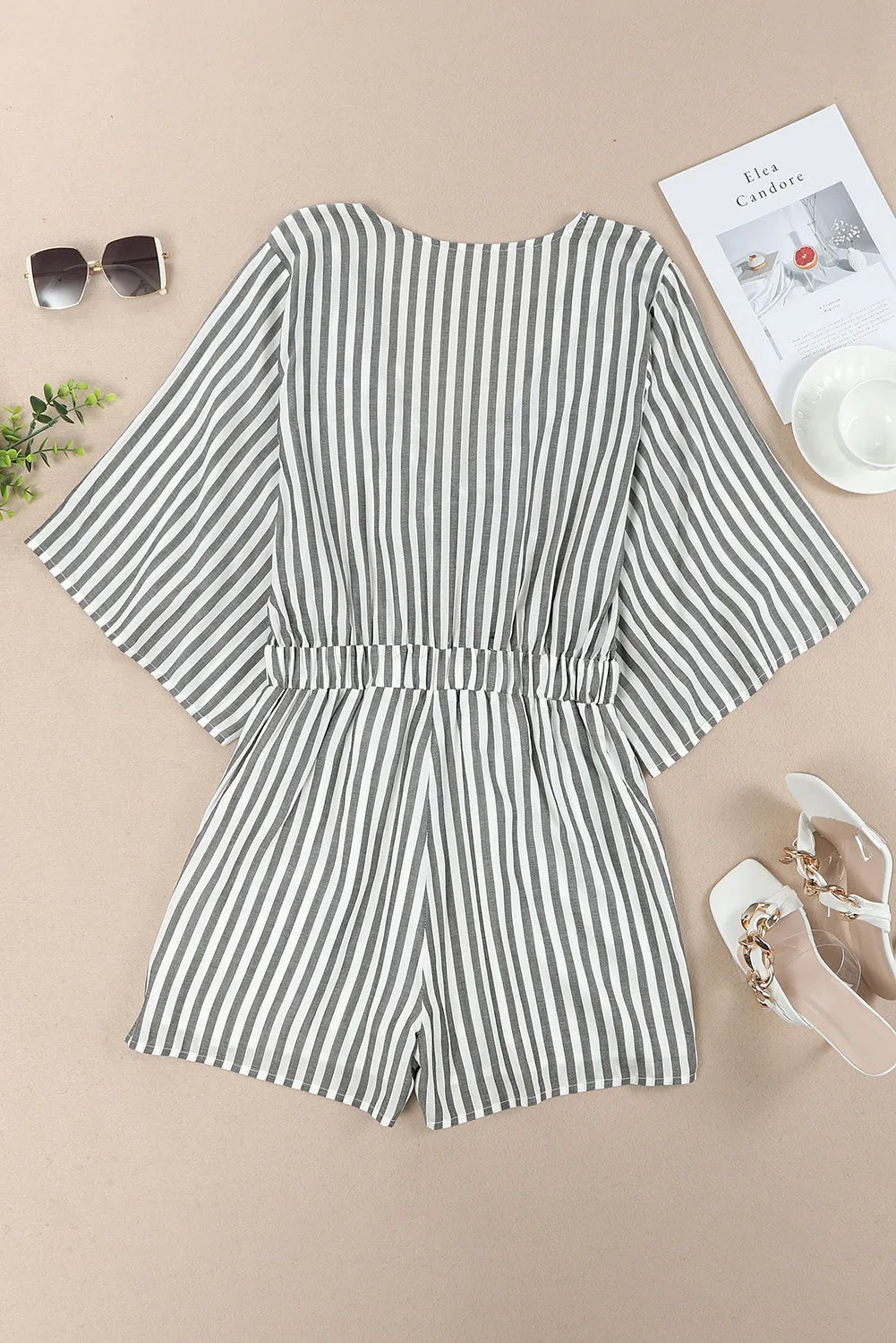 Tied Striped Three-Quarter Sleeve Romper - Wellen Fashion