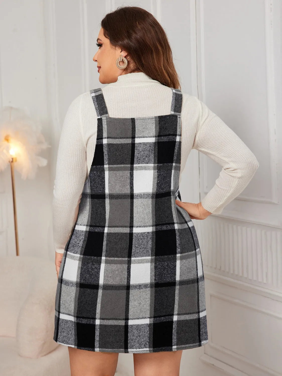 Honey Plus Size Plaid Wide Strap Overall Dress - Wellen Fashion