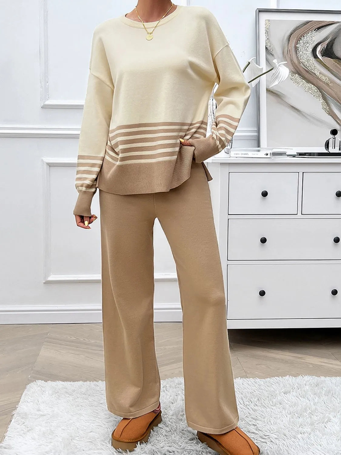 Devine Slit Striped Round Neck Top and Pants Sweater Set - Wellen Fashion