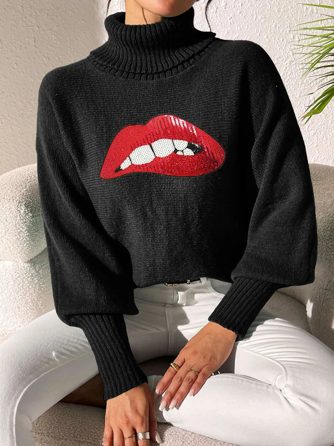 Lip Turtleneck Long Sleeve Sweater - Wellen Fashion