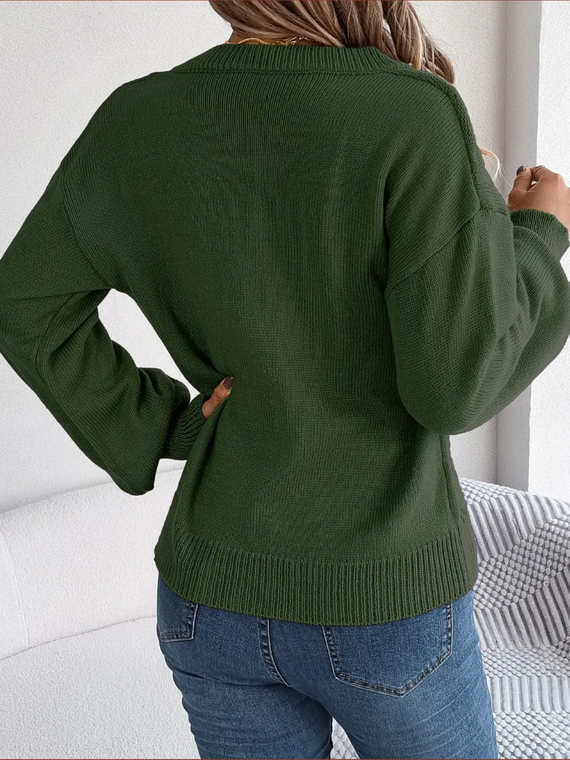 Cable-Knit Buttoned V-Neck Sweater - Wellen Fashion