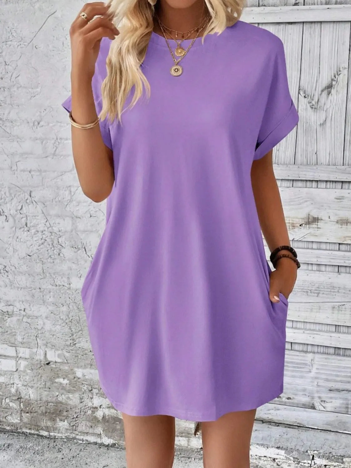 Pocketed Round Neck Short Sleeve Dress - Wellen Fashion