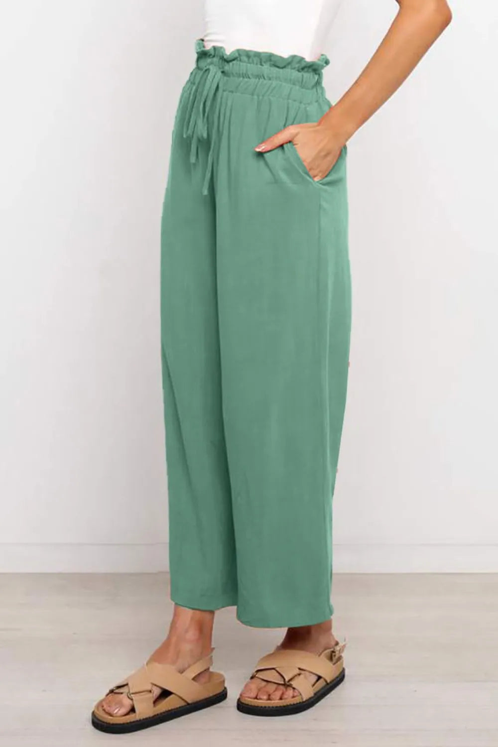 Drawstring Paperbag Waist Wide Leg Pants - Wellen Fashion