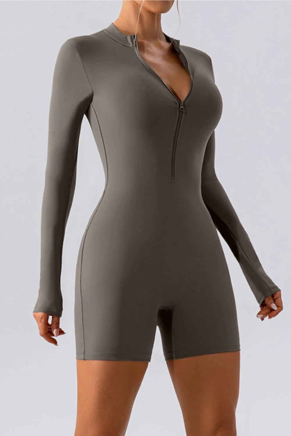 Half Zip Long Sleeve Active Romper - Wellen Fashion