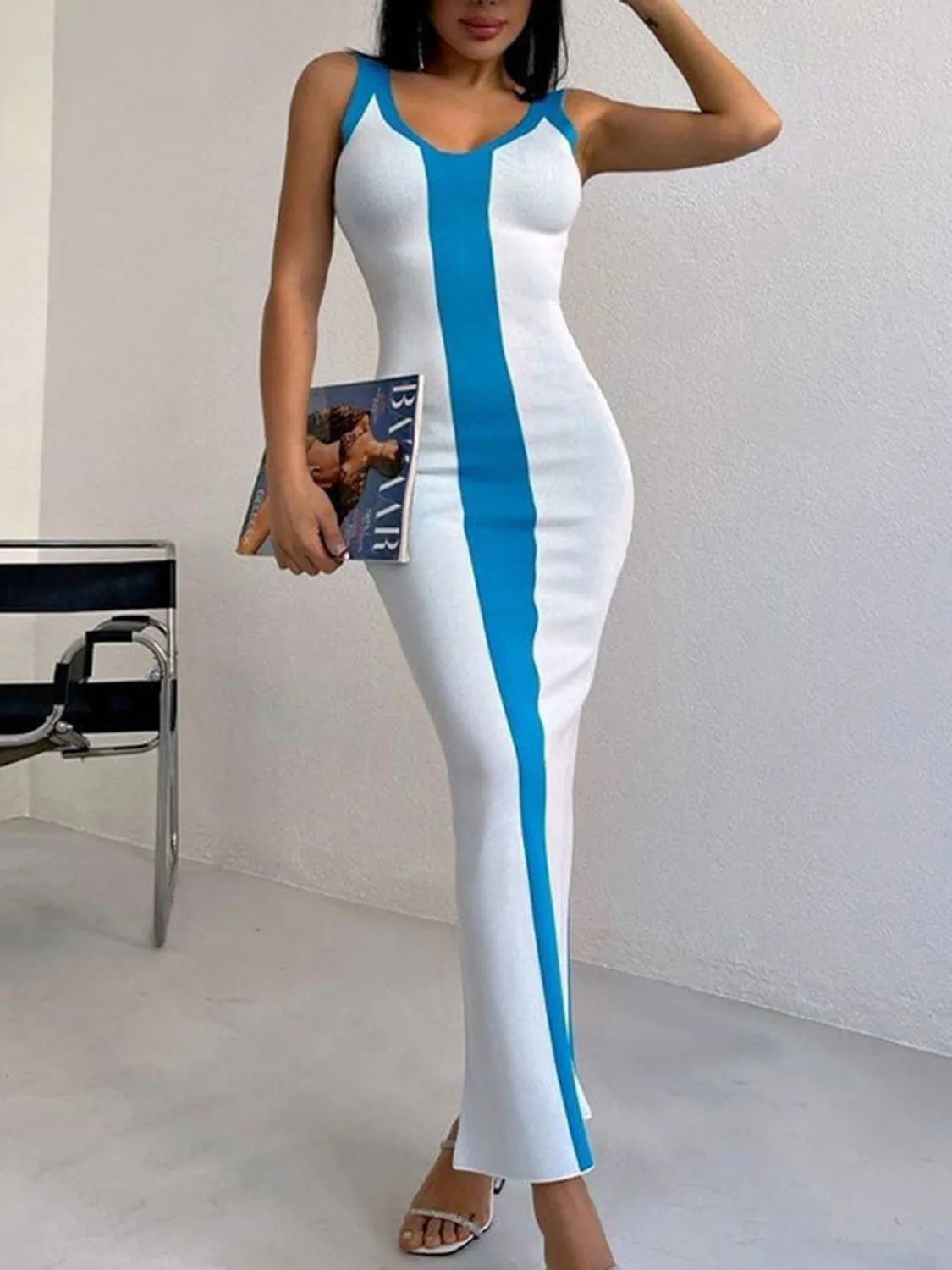 Contrast Wide Strap Slit Midi Dress - Wellen Fashion