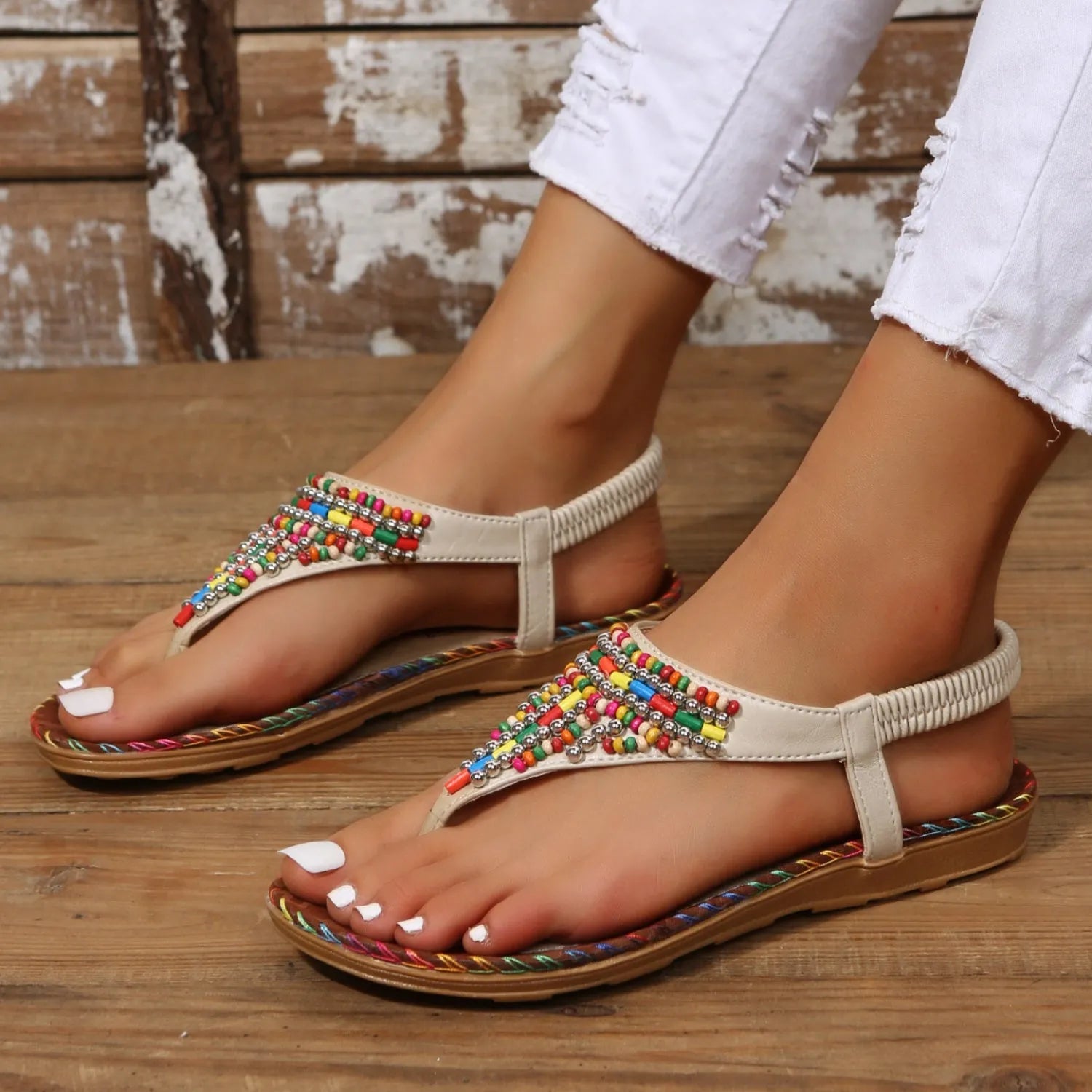 Beaded PU Leather Open Toe Sandals - Wellen Fashion