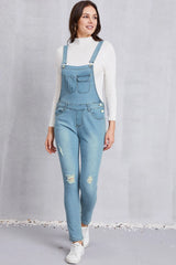 Distressed Washed Denim Overalls with Pockets - Wellen Fashion