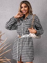 Pocketed Plaid Long Sleeve Mini Dress - Wellen Fashion