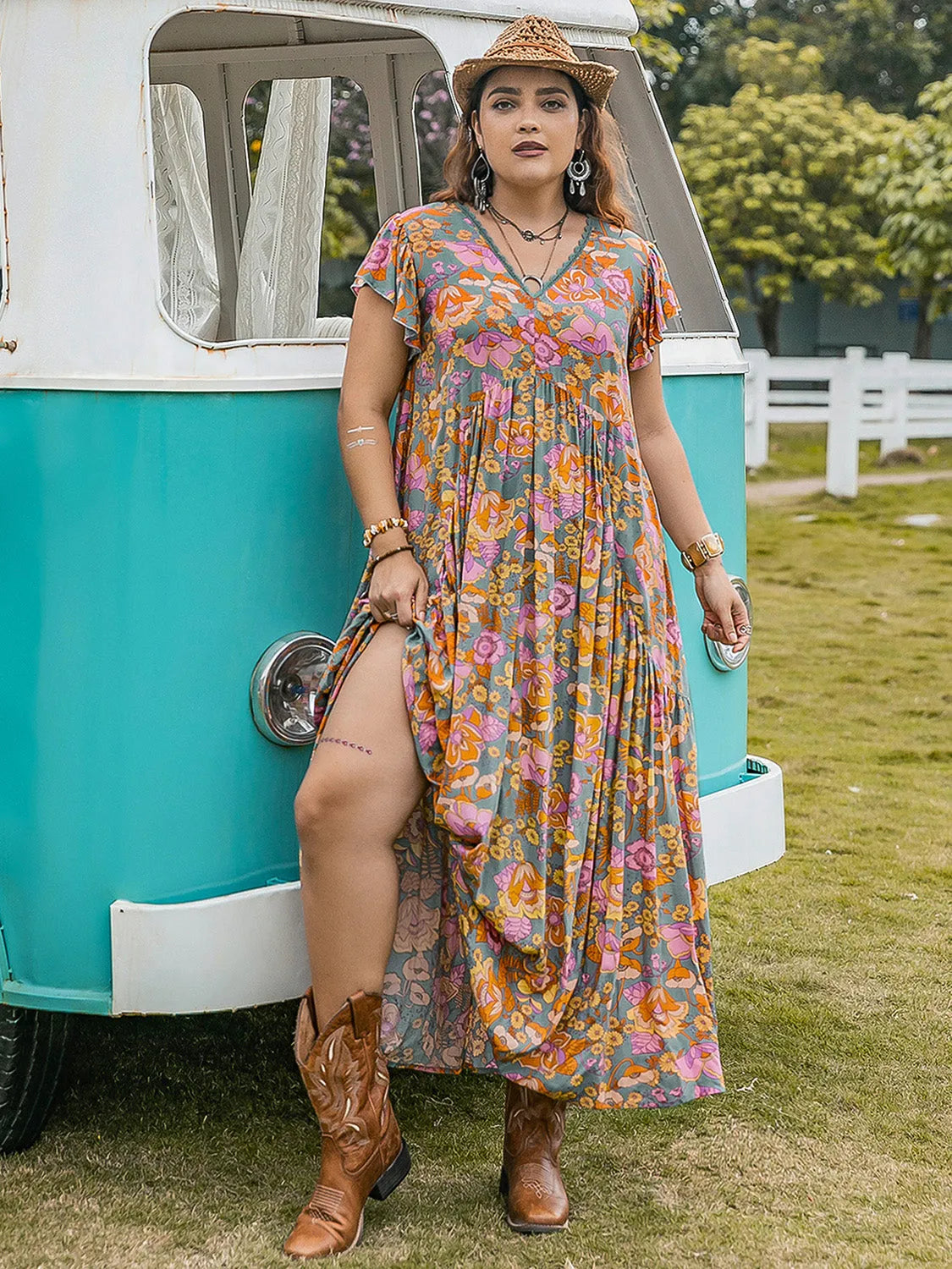 Plus Size Ruffled Printed Cap Sleeve Dress - Wellen Fashion