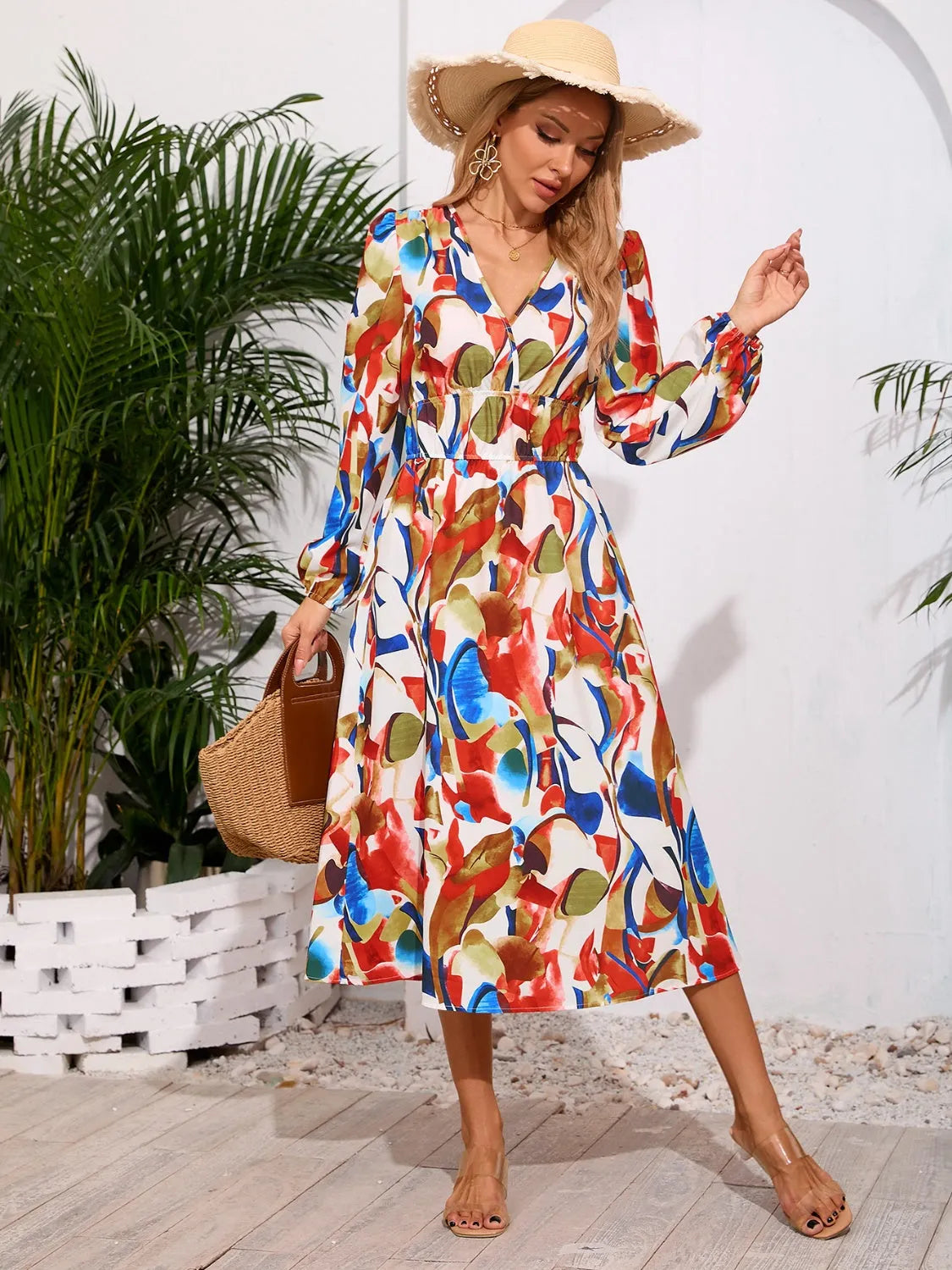 Printed Surplice Long Sleeve Midi Dress - Wellen Fashion