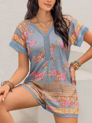 Printed V-Neck Short Sleeve Romper - Wellen Fashion