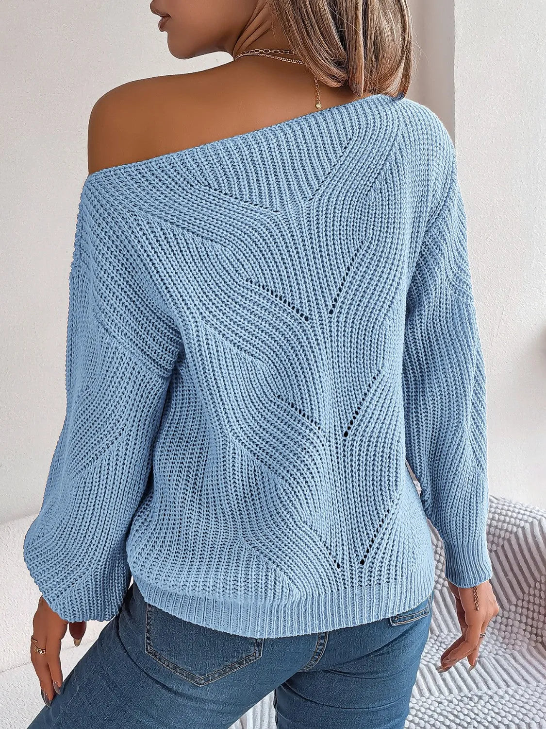 Openwork Long Sleeve Sweater - Wellen Fashion