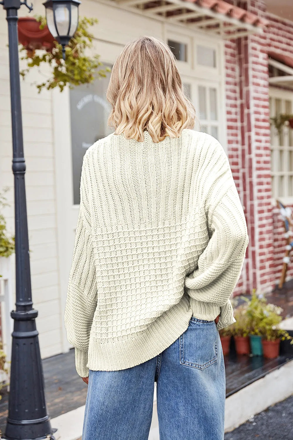 Ribbed Drop Shoulder Lantern Sleeve Sweater - Wellen Fashion