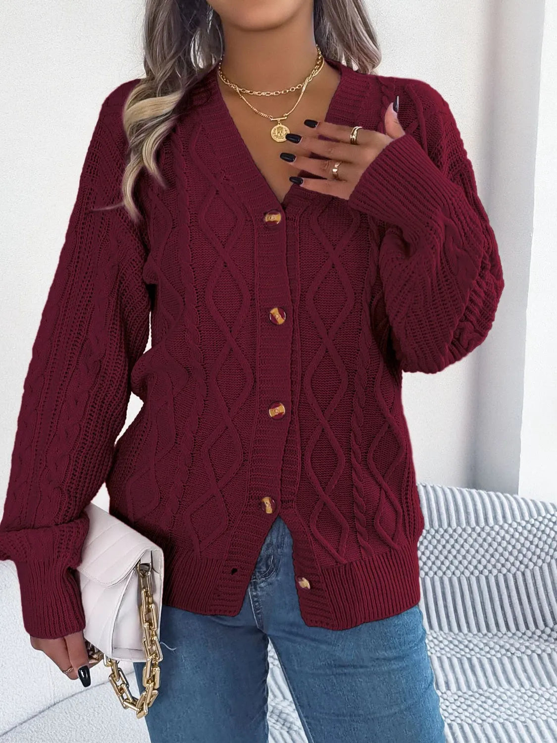 Cable-Knit Long Sleeve Cardigan - Wellen Fashion