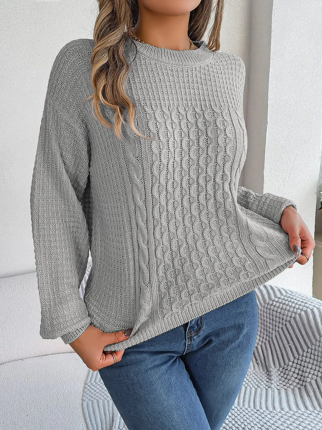 Cable-Knit Round Neck Long Sleeve Sweater - Wellen Fashion