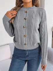 Cable-Knit Buttoned Round Neck Sweater - Wellen Fashion