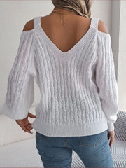 Cable-Knit Cold Shoulder Long Sleeve Sweater - Wellen Fashion