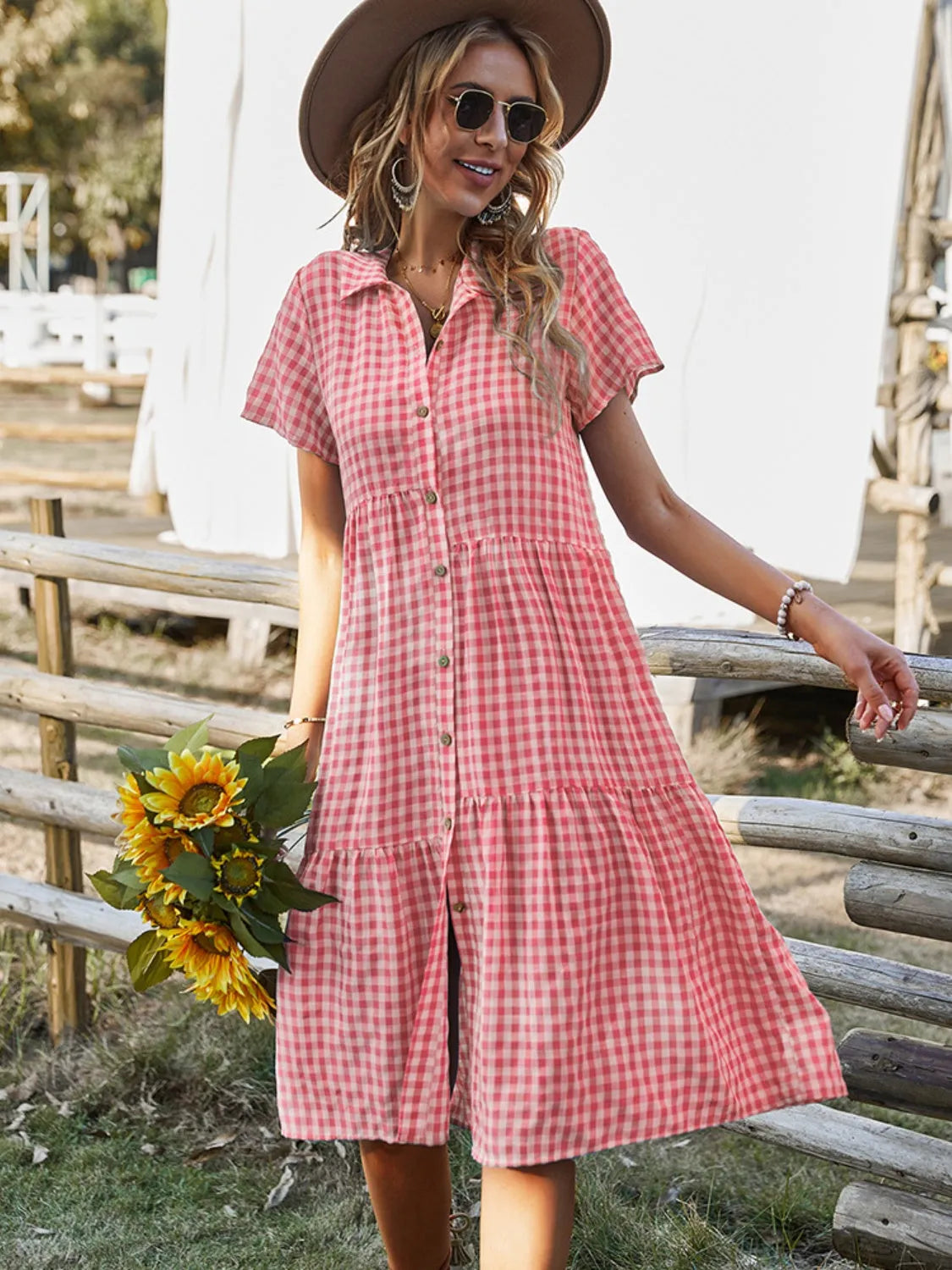 Button Up Plaid Short Sleeve Midi Dress - Wellen Fashion