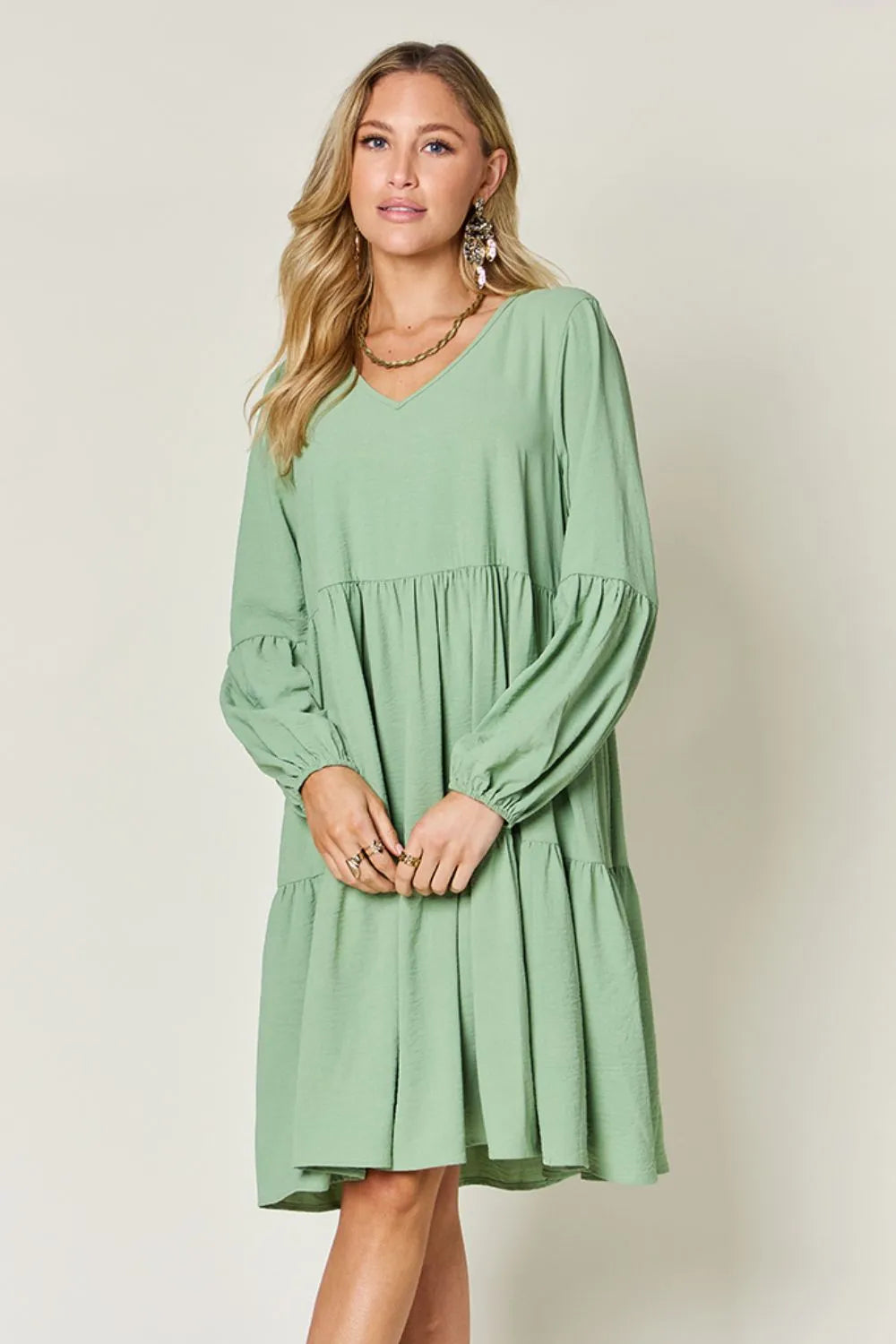 Double Take Full Size V-Neck Balloon Sleeve Tiered Dress with Pockets - Wellen Fashion