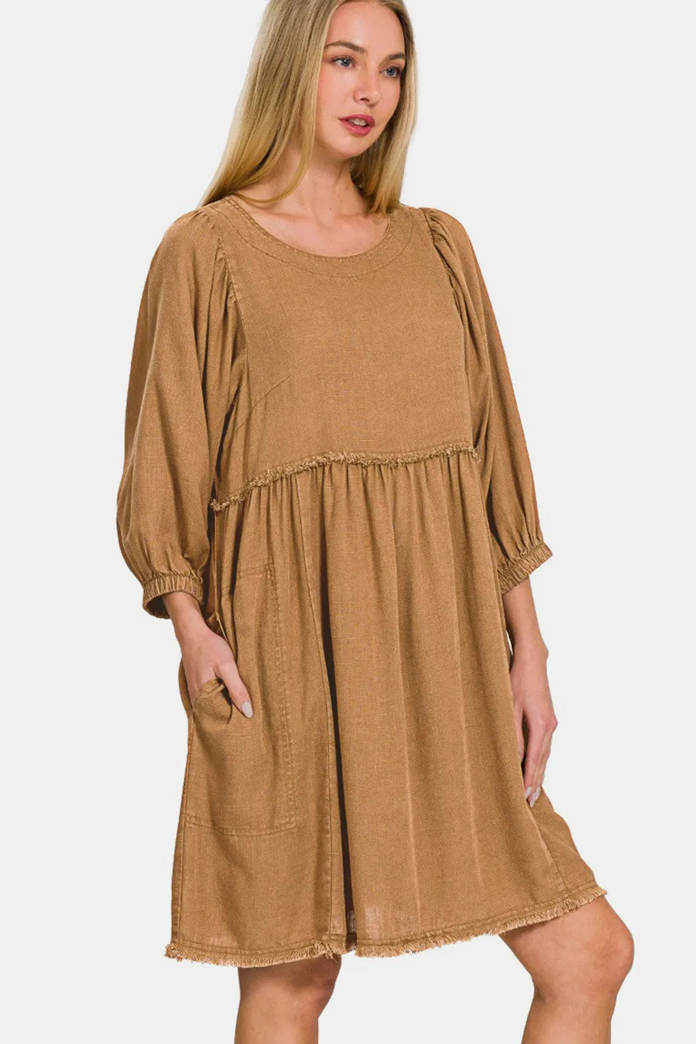 Zenana Washed Linen Pleated Puff Sleeve Babydoll Dress - Wellen Fashion