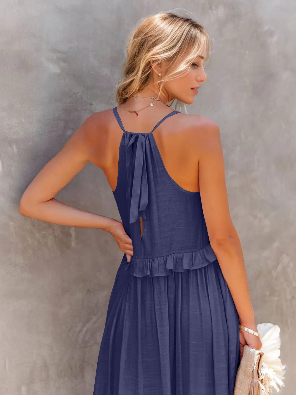 Ruffled Sleeveless Tiered Maxi Dress with Pockets - Wellen Fashion