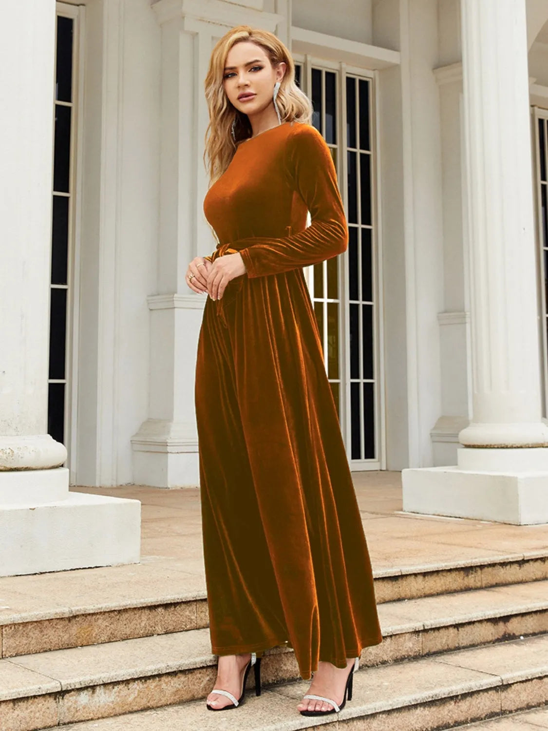 Tie Front Round Neck Long Sleeve Maxi Dress - Wellen Fashion