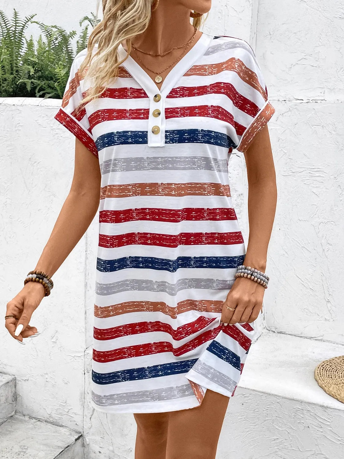 Striped V-Neck Short Sleeve Dress - Wellen Fashion