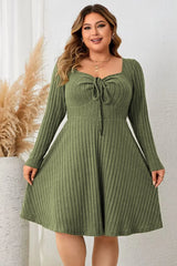 Honey Plus Size Sweetheart Neck Long Sleeve Ribbed Dress - Wellen Fashion