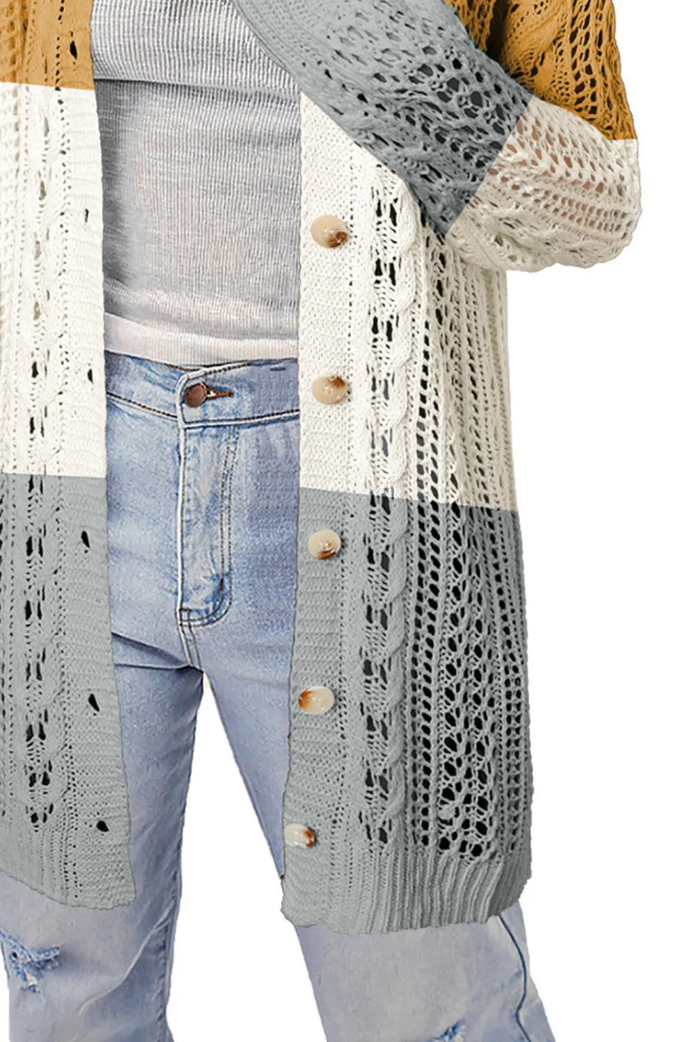 Double Take Openwork Ribbed Cuff Longline Cardigan - Wellen Fashion