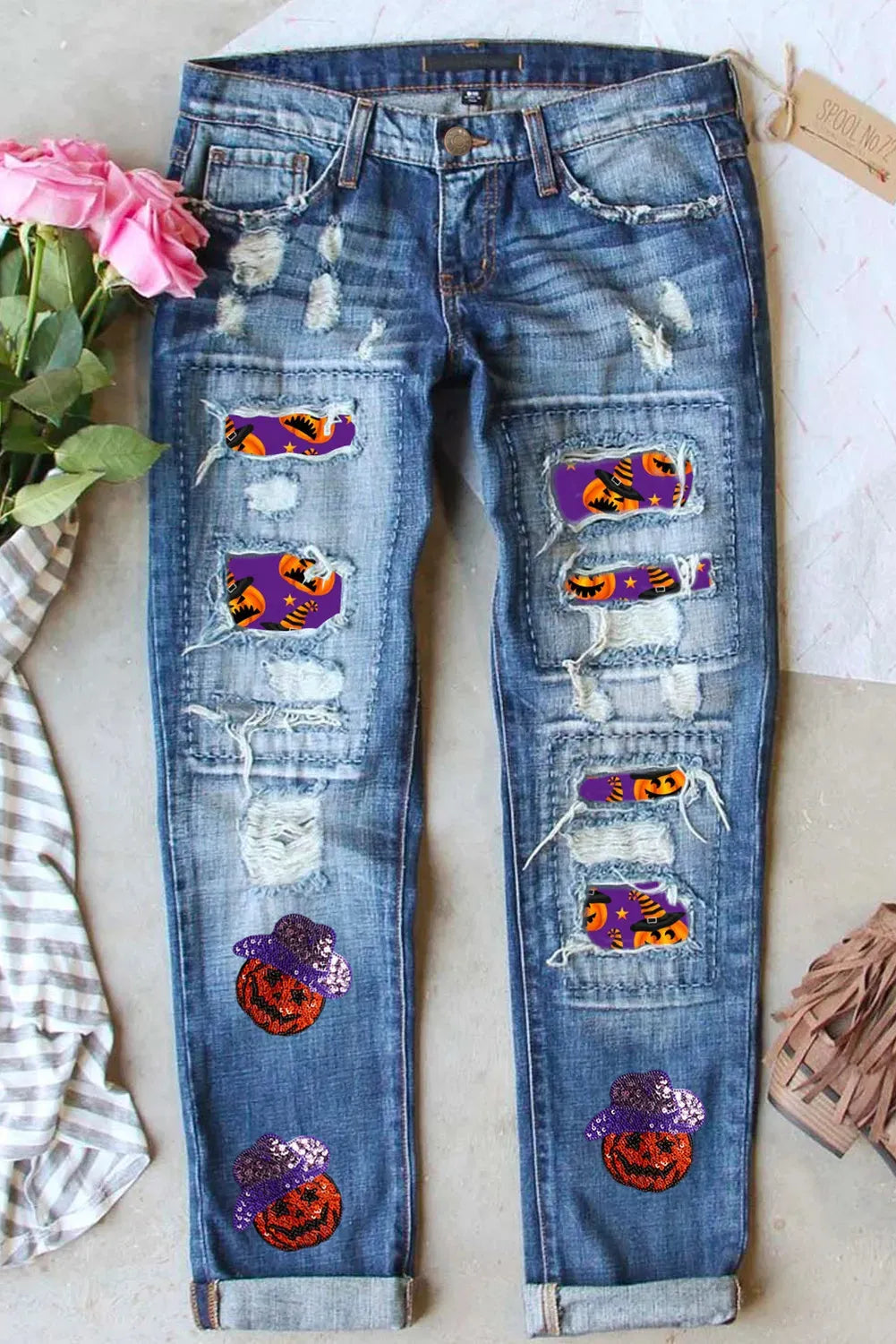 Distressed Sequin Pumpkin Jeans - Wellen Fashion