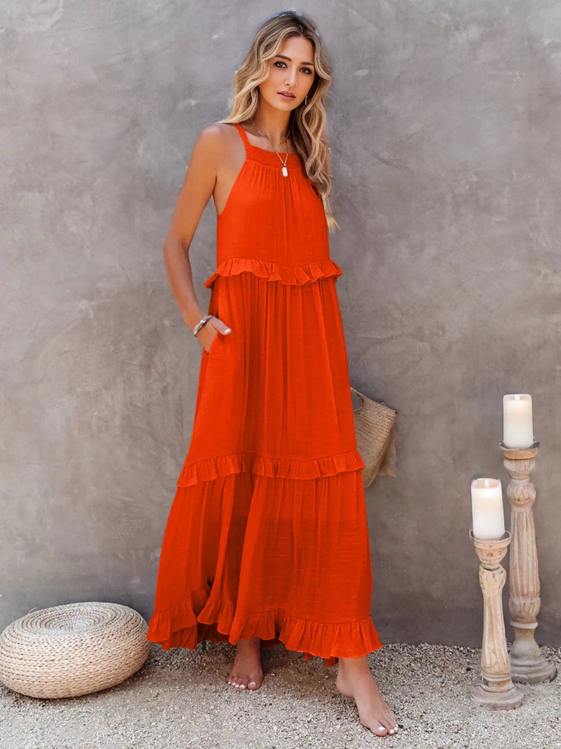 Ruffled Sleeveless Tiered Maxi Dress with Pockets - Wellen Fashion