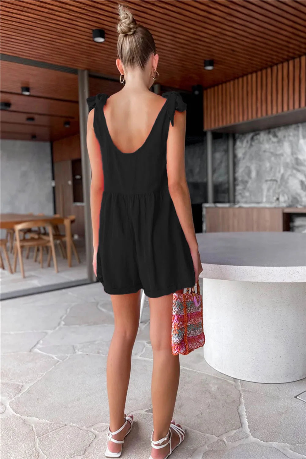 Full Size Scoop Neck Tie Shoulder Romper - Wellen Fashion