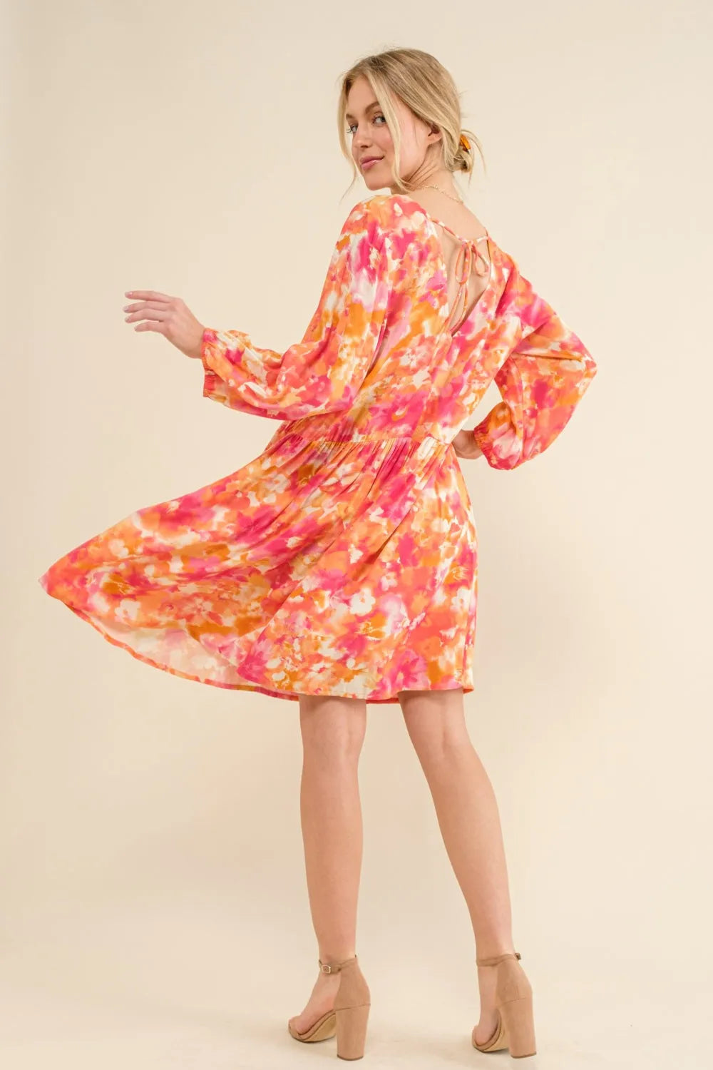 And The Why Full Size Printed Tie Back Long Sleeve Dress - Wellen Fashion