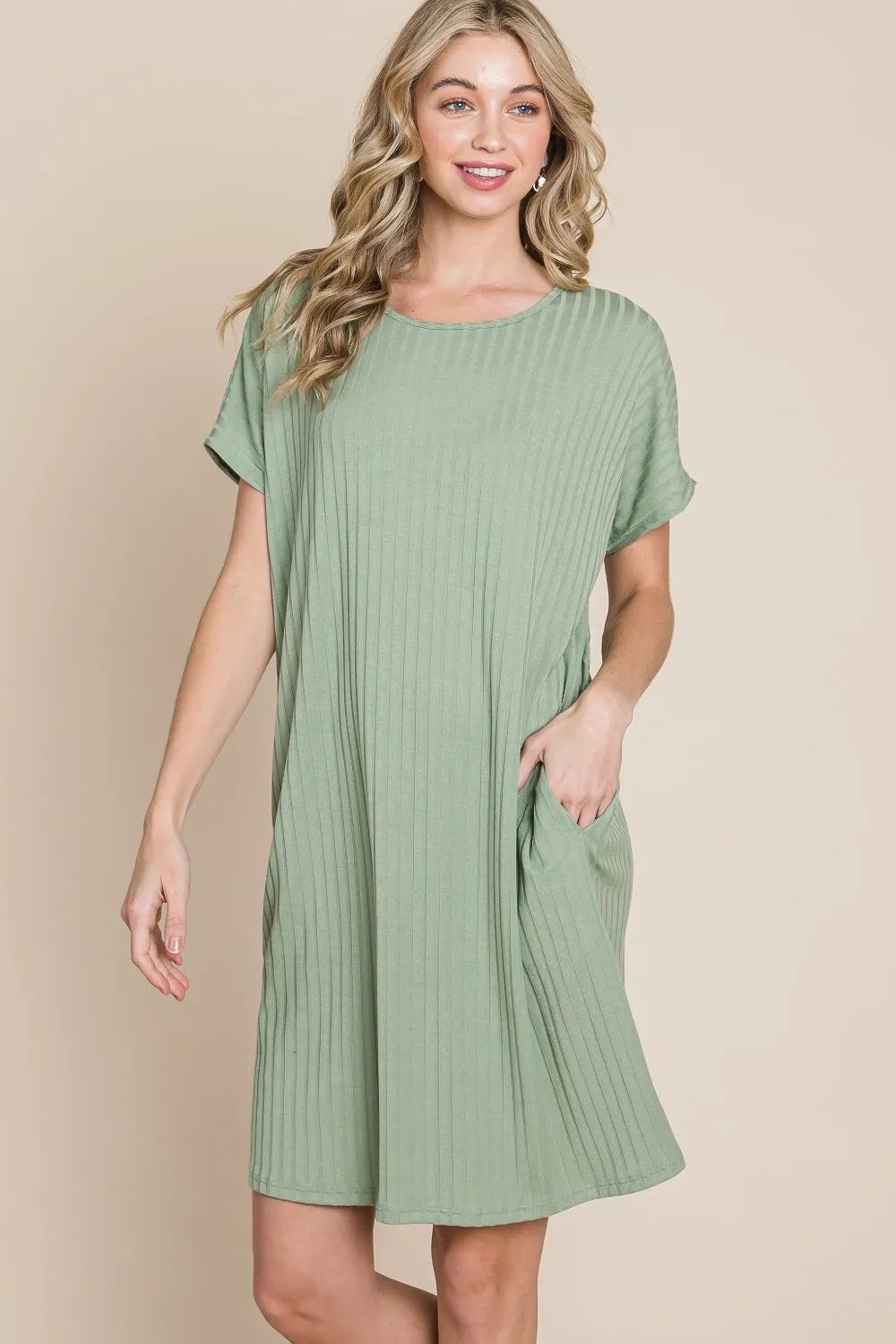 BOMBOM Ribbed Round Neck Short Sleeve Dress - Wellen Fashion