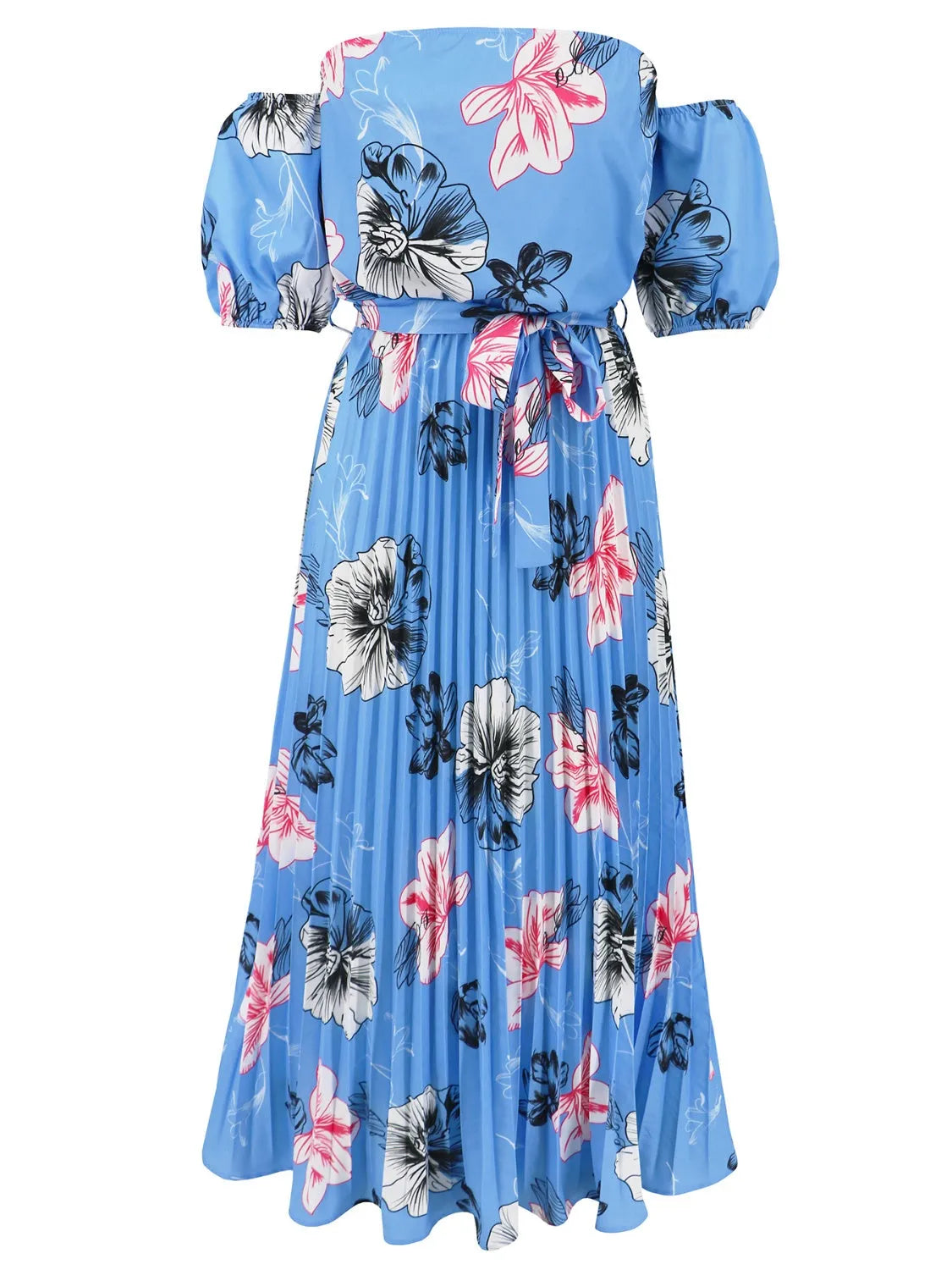 Pleated Floral Off-Shoulder Short Sleeve Midi Dress - Wellen Fashion