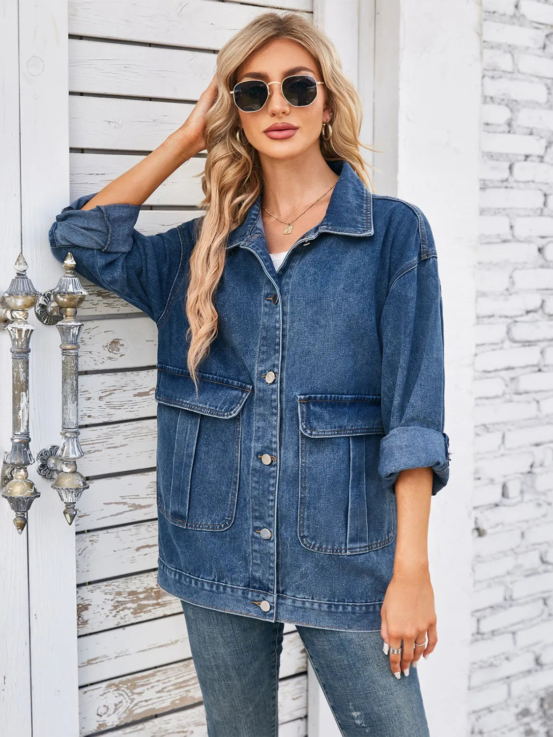 Button Up Long Sleeve Denim Jacket - Wellen Fashion