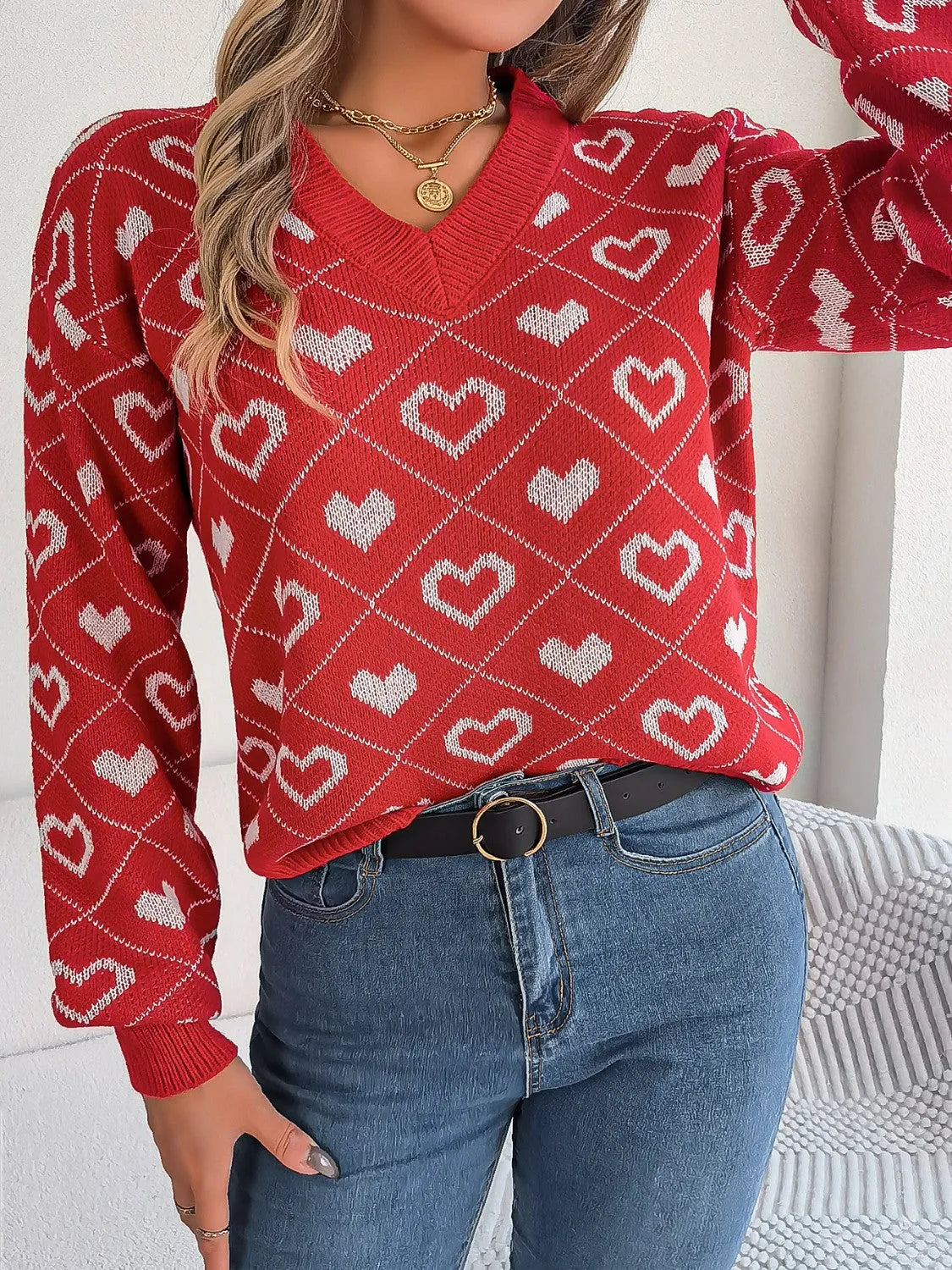 Heart Pattern V-Neck Long Sleeve Sweater - Wellen Fashion