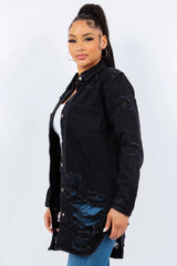 American Bazi Distressed Button Up Long Sleeve Denim Jacket - Wellen Fashion