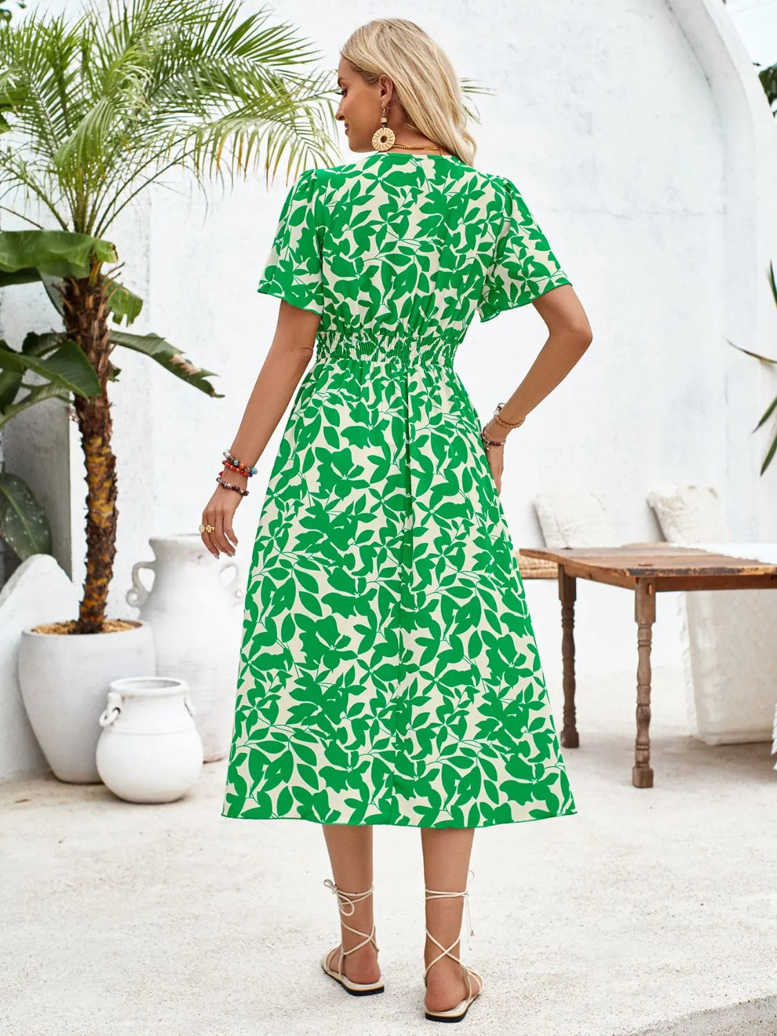 Printed Surplice Short Sleeve Midi Dress - Wellen Fashion