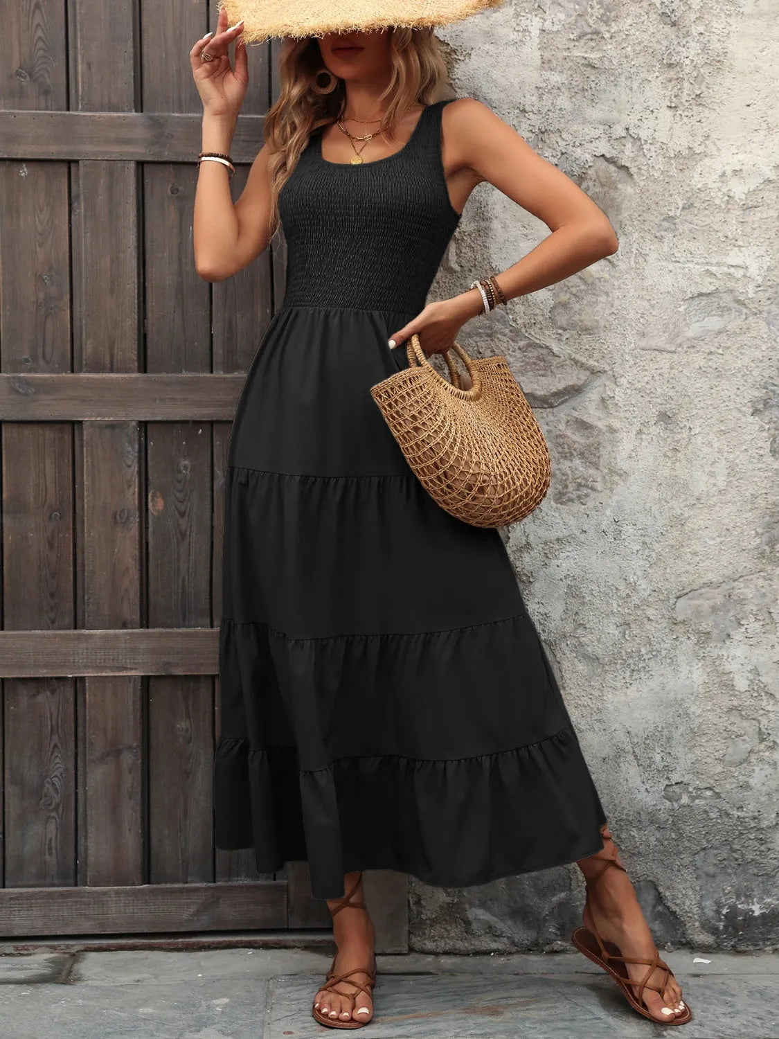 Ivy Lane Smocked Scoop Neck Sleeveless Tank Dress - Wellen Fashion