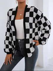 Checkered Open Front Long Sleeve Cardigan - Wellen Fashion