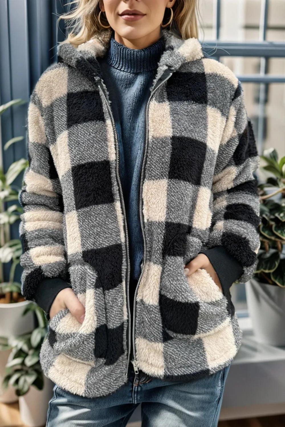 Double Take Full Size Plaid Long Sleeve Hooded Coat - Wellen Fashion