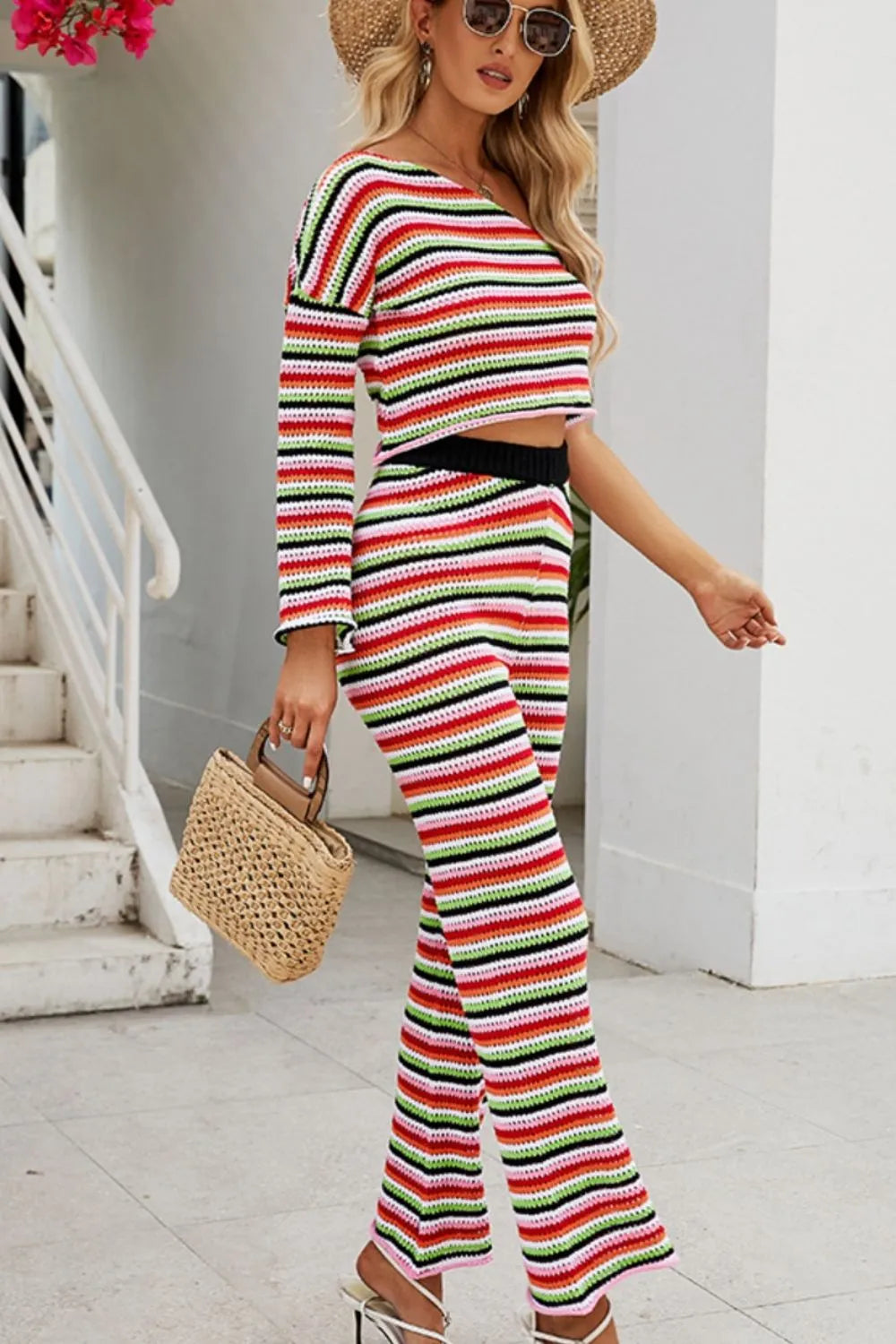 Striped Single Shoulder Top and Pants Knit Set - Wellen Fashion