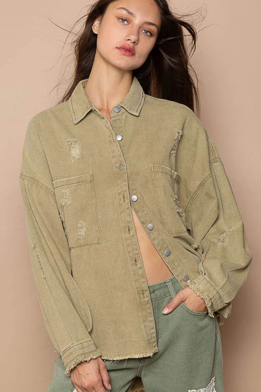 POL Button Down Raw Hem Distressed Shacket - Wellen Fashion