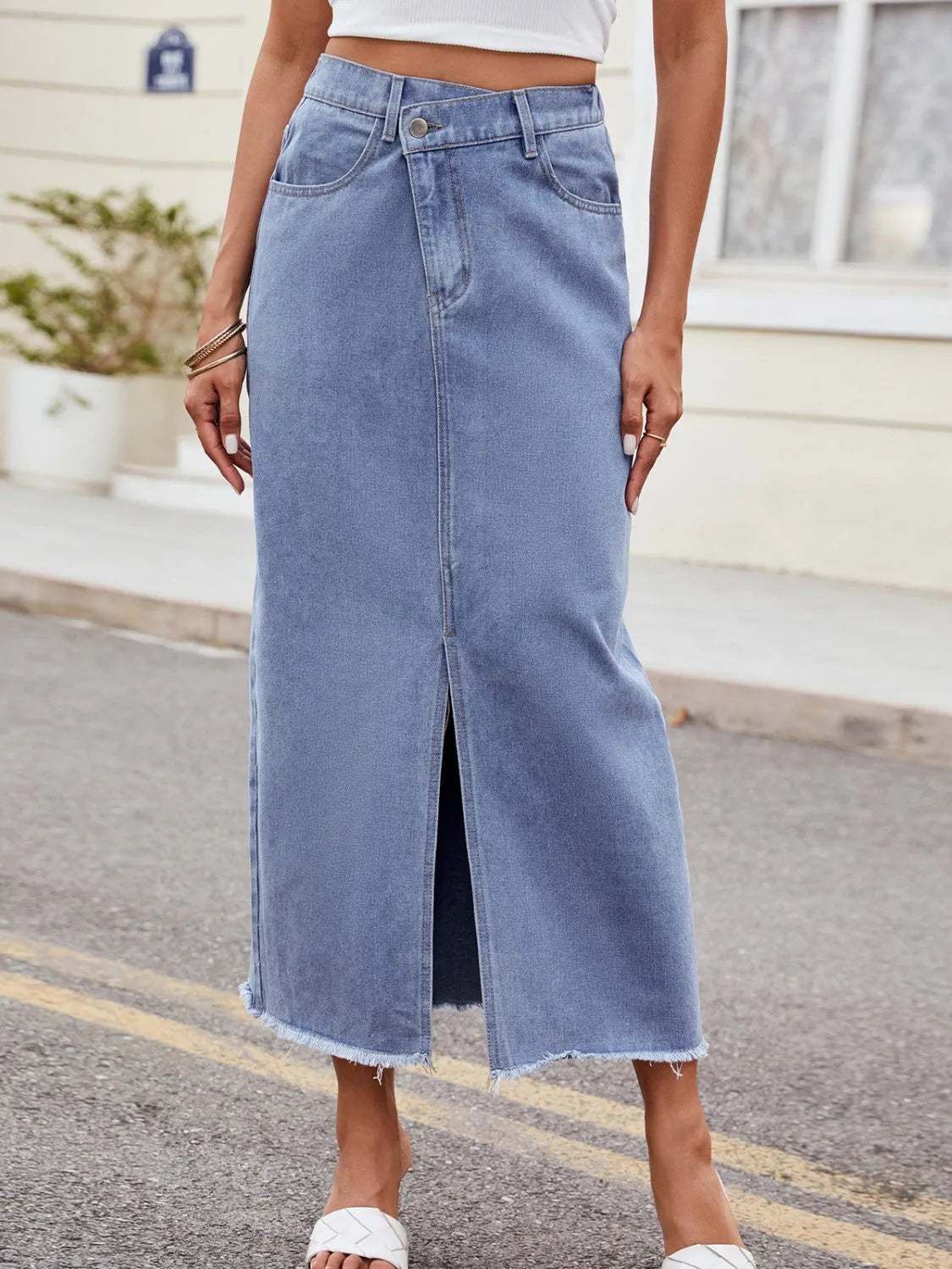 Slit Asymmetrical Waist Denim Skirt - Wellen Fashion